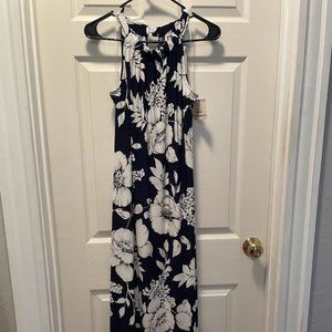 White and Navy Floral Midi Dress